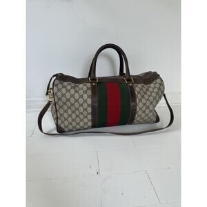 Vintage 70s/80s Gucci Boston Duffle Bag Shoulder Strap Web Canvas & Leather